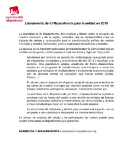 Llamamiento de IU Majadahonda para la unidad en 2019